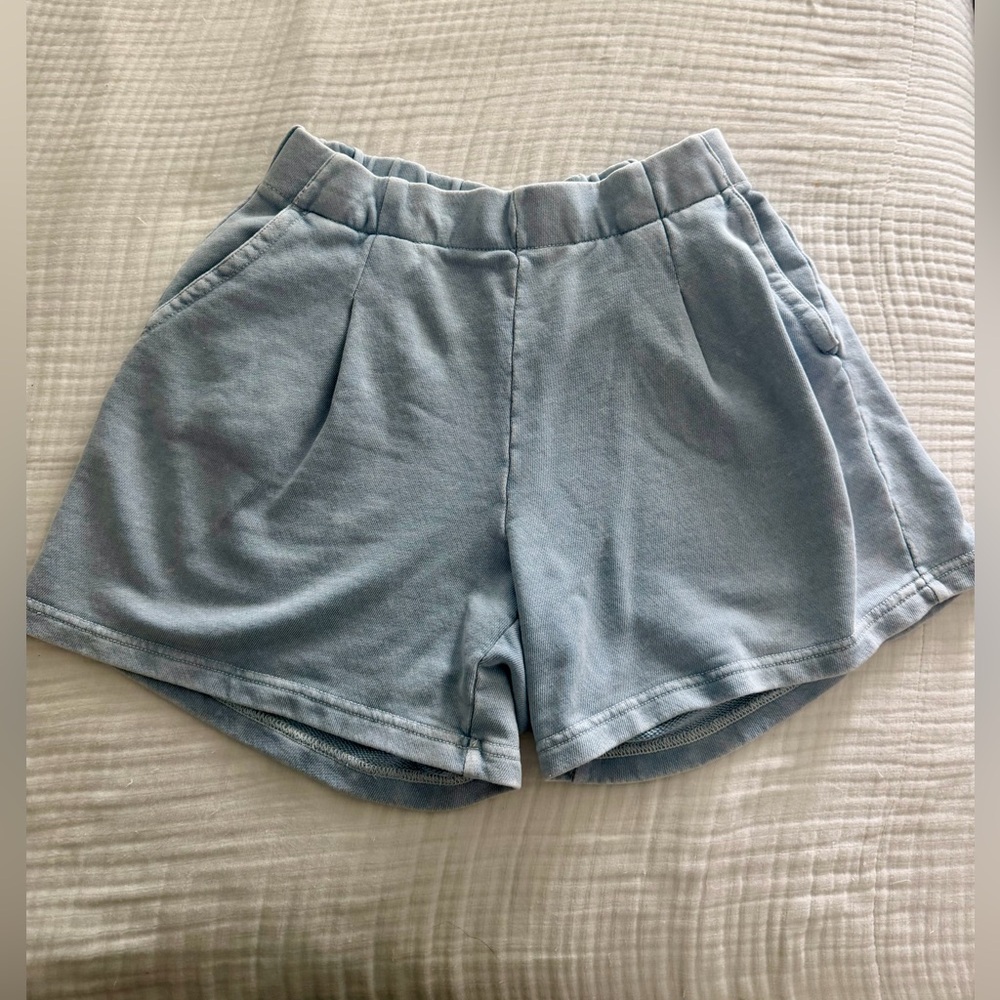 Aerie Cloud Wash Blue Pull-On Shorts Elastic Waist Soft Knit Pleated Small (S)